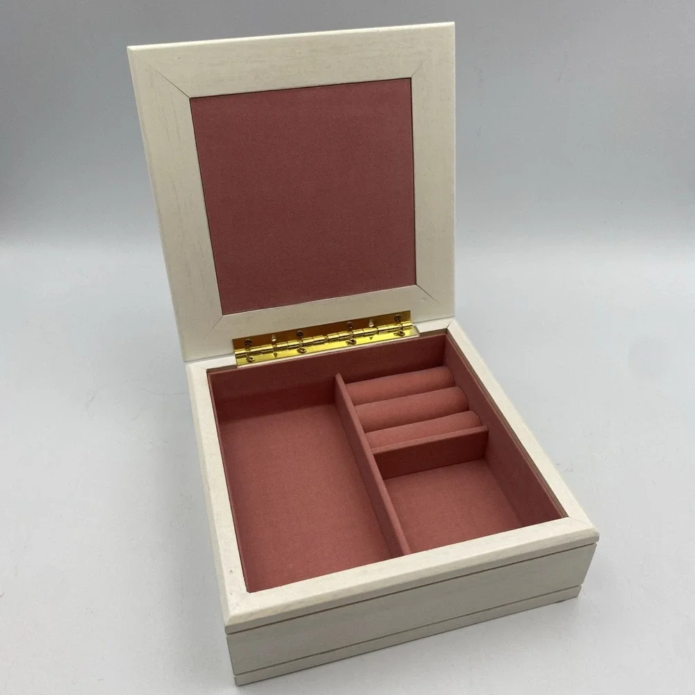 Vintage White Wood Jewelry Box with Ceramic Tile Lid Fruit and Flowers
